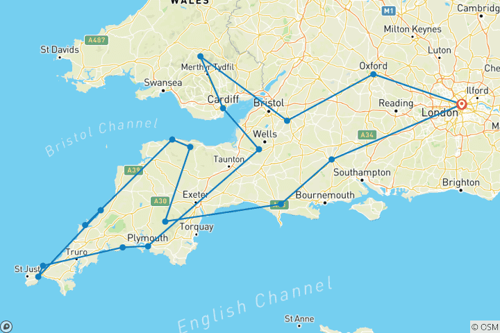 Map of Country Roads of Wales, Devon & Cornwall (Classic, 13 Days)