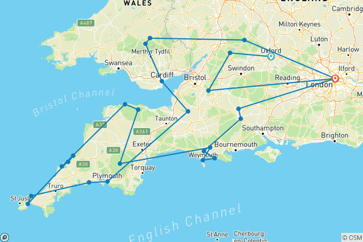 Carte du circuit Les routes de campagne du Pays de Galles, du Devon et des Cornouailles (en petit groupe, 11 jours) (from Oxford to Londres)