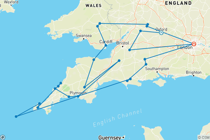 Map of Country Roads of Wales, Devon & Cornwall (Small Groups, 11 Days) (from Oxford to London)