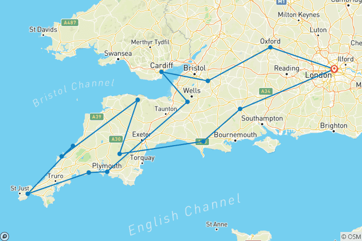 Carte du circuit Les routes de campagne du Pays de Galles, du Devon et des Cornouailles - classique, 11 jours