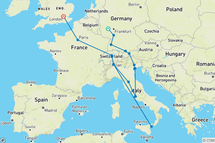 Carte du circuit Les incontournables de l'Europe (petits groupes, départ d'Amsterdam, fin à Londres, 14 jours) (from Gorges du Rhin to Londres)