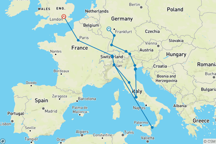 Map of Highlights of Europe (Small Groups, Summer, Start Amsterdam, End London, 13 Days) (from Loreley to London)