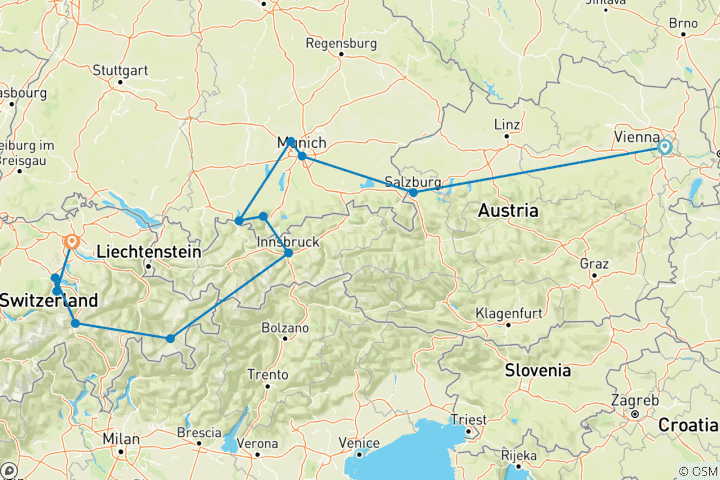 Map of Country Roads of Bavaria, Switzerland & Austria (Classic, 12 Days)