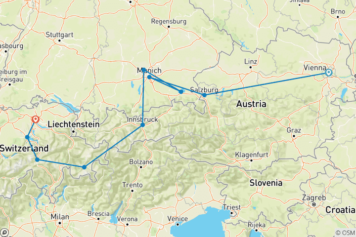 Map of Country Roads of Bavaria, Switzerland & Austria (Small Groups, 10 Days)