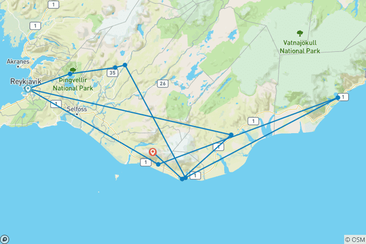 Map of Geysers, Glaciers, & Golden Circle - 3 days