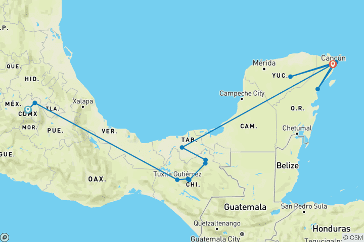 Carte du circuit Aventure sud du Mexique - 12 jours