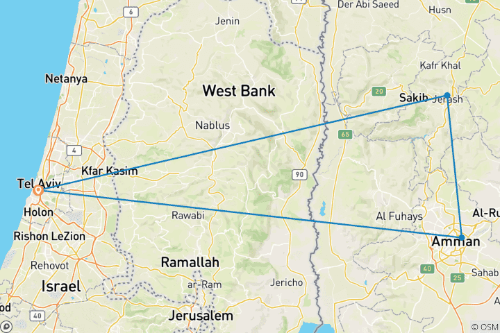 Map of 4 Days / 3 Nights Petra, Jerash and Amman Adventure