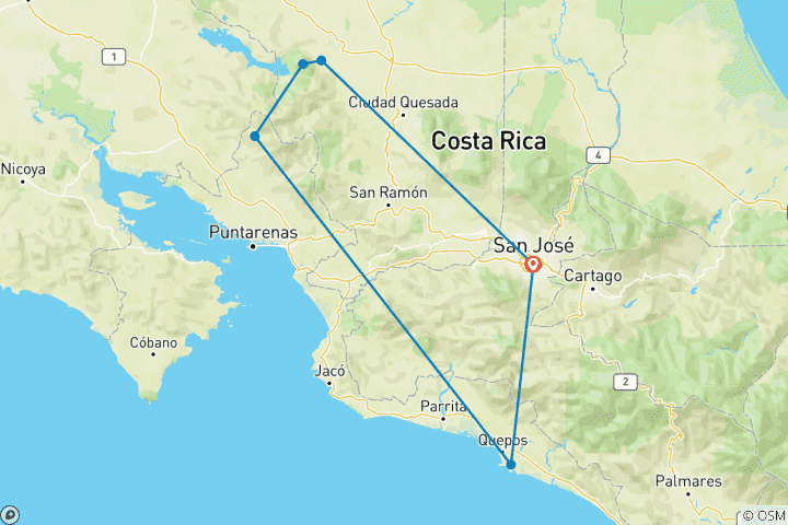 Carte du circuit Circuit privé sur mesure de 9 jours au Costa Rica pour trouver le papillon de verre, départs quotidiens