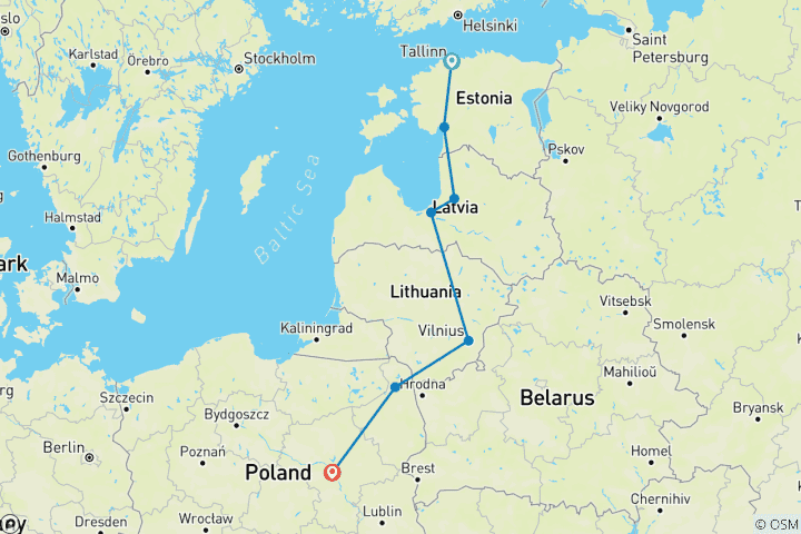 Carte du circuit Les pays baltes en 9 jours, de Tallinn à Riga, Vilnius et Varsovie.