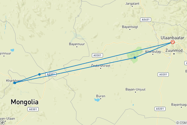 Mapa de Monasterio de Erdenezuu y Parque Nacional de Khustai 3D 2N