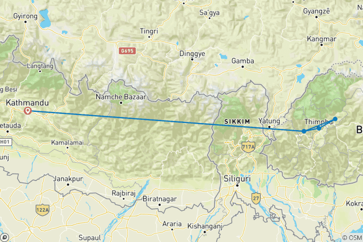 Carte du circuit 6 nuits et 7 jours au Bhoutan