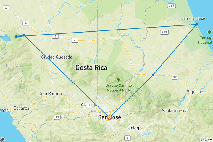 Carte du circuit Voyage privé personnalisé au Costa Rica avec départ quotidien