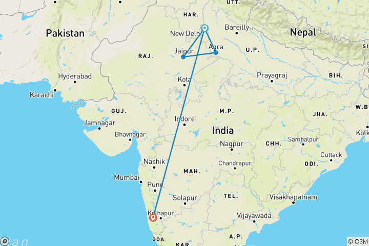 Carte du circuit Inde - Triangle d'or et plages de sable de Goan avec guide privé