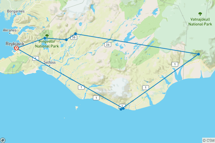 Carte du circuit Islande de feu et de glace (été, 6 jours)