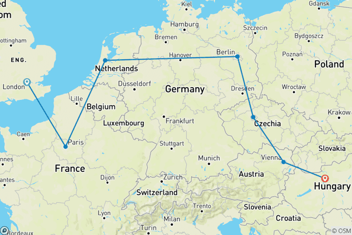 Carte du circuit De Londres à Budapest en train - été, 15 jours