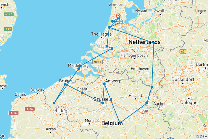 Map of Grand Tulip Cruise of Holland & Belgium for Garden and Nature Lovers with 1 night in Amsterdam 2024