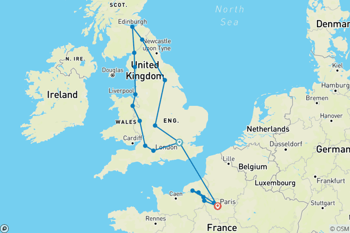 Kaart van Ontmoet Groot-brittannië – met reis van Parijs naar Normandië – 2024