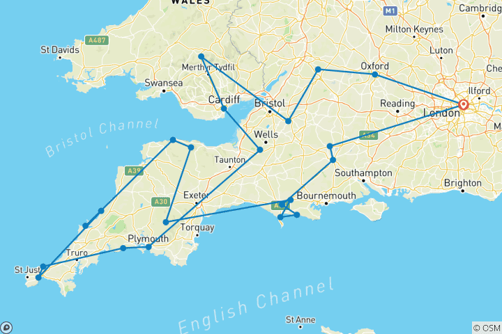 Map of Country Roads of Wales, Devon & Cornwall (Small Groups, 13 Days) (23 destinations)