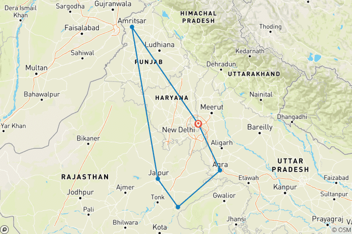 Map of Golden triangle tour Ranthambore with Amritsar All inclusive