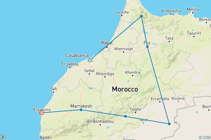 Mapa de Ciudades, costa, montañas y desierto de Marruecos - 14 días