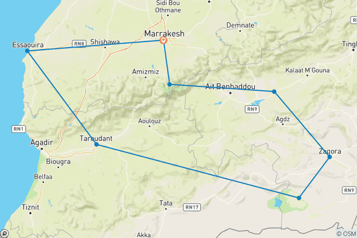 Map of South Morocco Adventure: Marrakech to Essaouira, Imlil, Skoura & Erg Chigaga - 14 Days