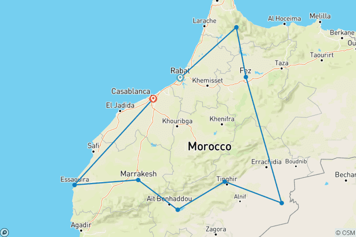 Karte von Marokko: Kaiserliche Städte, Sahara Wüste & Atlantikküste - 15 Tage