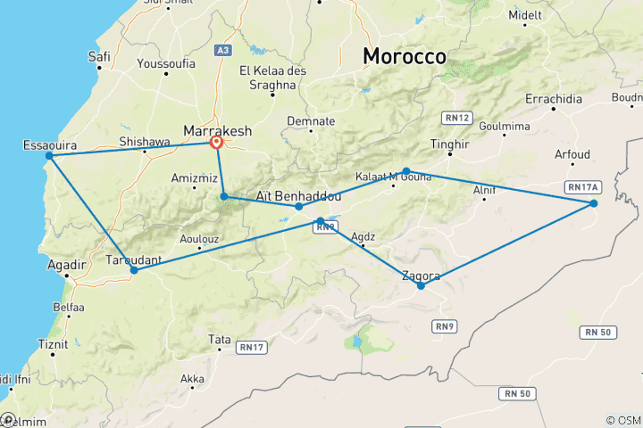 Karte von Abenteuer Südmarokko: Von Marrakesch nach Essaouira - 15 Tage