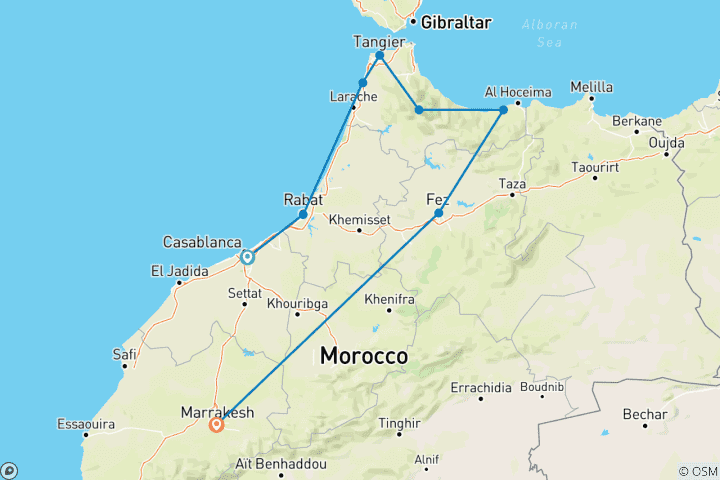 Carte du circuit Maroc méditerranéen : Tanger, Al Hoceima et les villes impériales - 15 jours