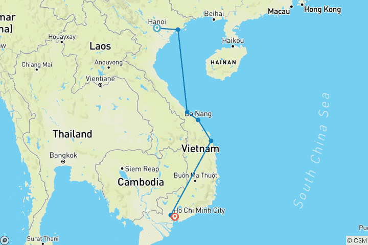 Karte von Vietnam von Hanoi nach Ho-Chi-Minh-Stadt 10 Tage