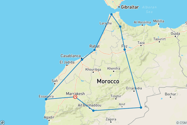 Kaart van 13-daagse rondreis door Marokko: Atlantische Kust, Keizerlijke Steden & Sahara Woestijnavontuur