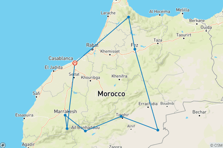 Kaart van 13-daagse rondreis door Marokko: Keizerlijke steden, Sahara-woestijn & prachtige landschappen