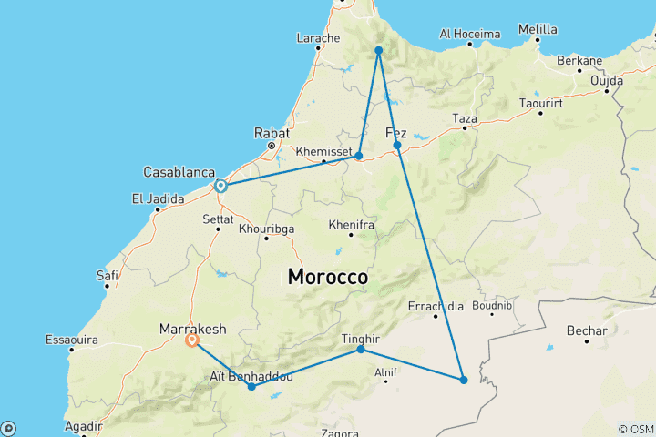 Carte du circuit Grand Tour du Maroc : De Casablanca à Marrakech - 12 jours