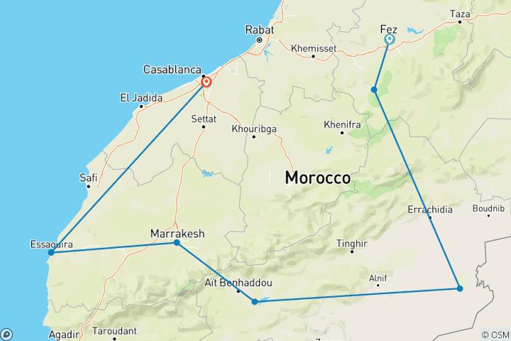 Map of Fes to Casablanca: Sahara Desert & Atlantic Coast - 12 Days