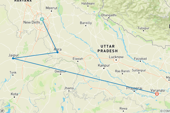 Karte von 7 Tage private Luxus-Tour durch das Goldene Dreieck mit dem spirituellen Varanasi