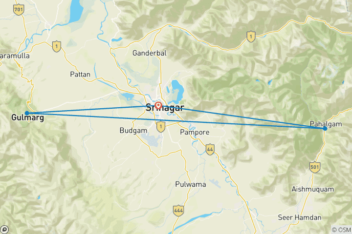 Map of 07 Days Heavenly Kashmir Tour of India