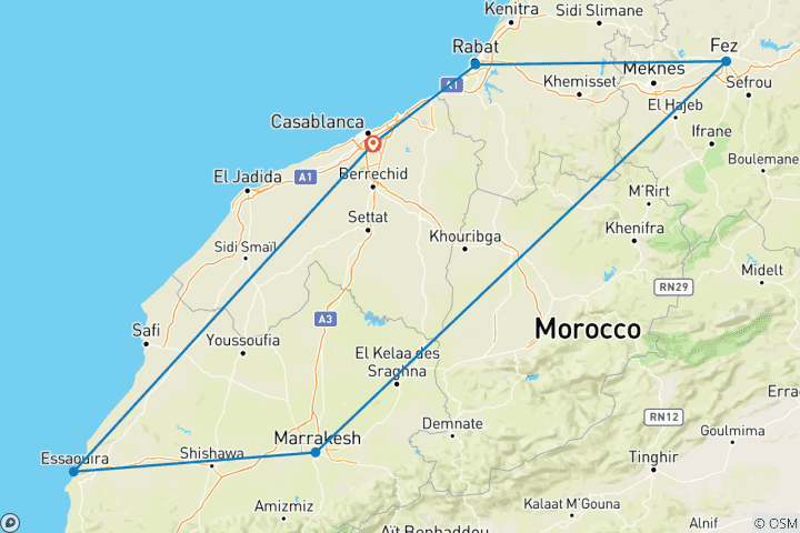 Karte von Marokko Entdeckungsreise: Kaiserliche Städte, das Atlasgebirge und die Küste - 12 Tage