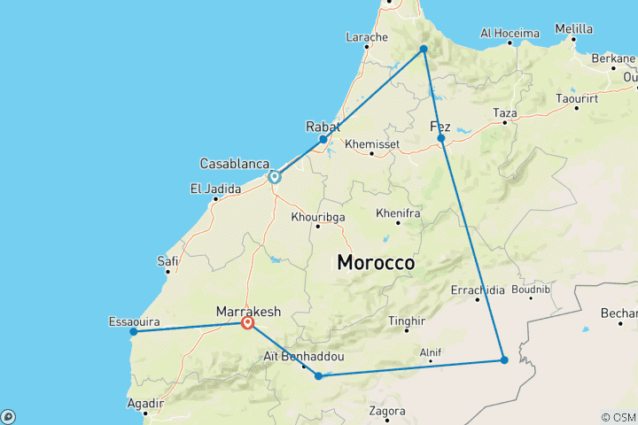 Karte von Marokko Grand Rundreise: Städte, Wüste & die Küste - 11 Tage