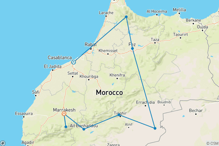 Karte von Marokkos kaiserliche Städte und Naturlandschaften Entdeckungsreise - 11 Tage