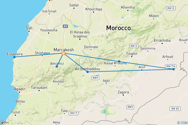 Carte du circuit 10 jours d'aventure au Maroc : Marrakech, désert du Sahara, randonnées et côte atlantique