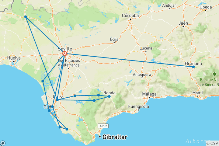 Map of The Jamón Ibérico Route and the Pueblos Blancos - Amazing Andalusia: Enchanting Traditional Architecture and Fabulous Cuisine (port-to-port cruise)