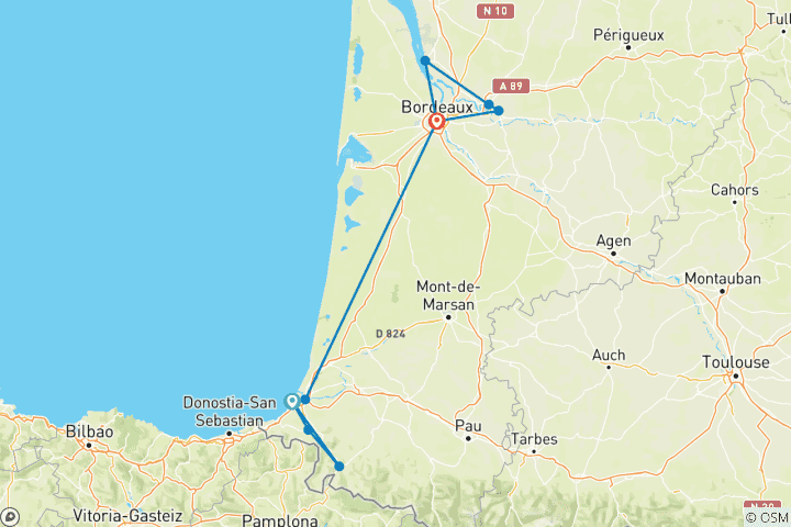 Carte du circuit Du Pays basque français à Bordeaux - La gastronomie française au pied des Pyrénées et une escapade en Gironde (croisière de port à port)