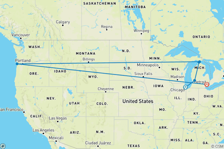 Carte du circuit L'île de Mackinac (de Chicago, dans l'Illinois, à Détroit, dans le Michigan)