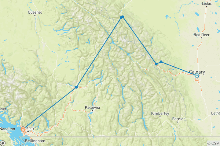 Carte du circuit Majesty of the Rockies - petits groupes, sans croisière, base, 9 jours, porte à porte