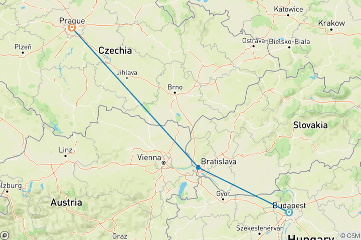 Mapa de Viaje de 5 días a Hungría, Eslovaquia y República Checa desde Budapest con final en Praga