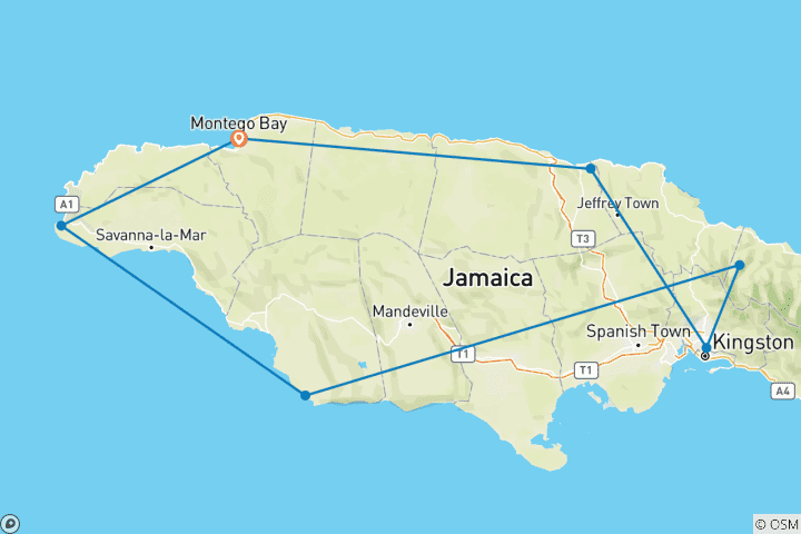 Carte du circuit Voyage sur mesure de 10 jours en Jamaïque pour les familles, départ quotidien et guide privé