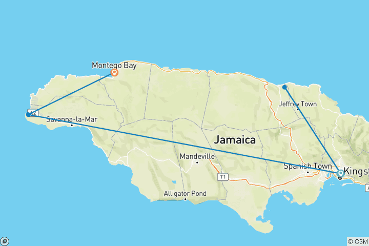 Carte du circuit Circuit privé personnalisé de 7 jours en Jamaïque, départ quotidien et guide privé