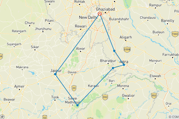 Map of Golden Triangle & Ranthambhore Tour with 4-Star Accommodation