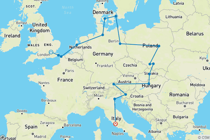 Map of London to Rome Vistas (Winter, Start London, 20 Days)