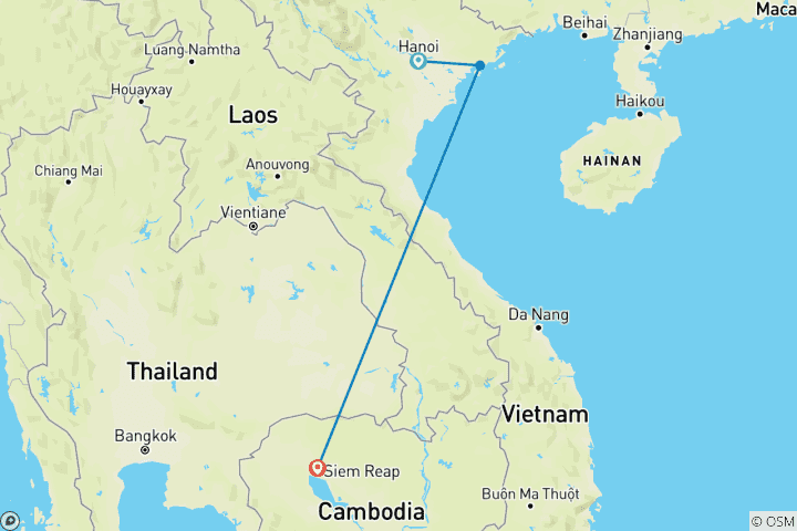 Carte du circuit Les incontournables du Vietnam et du Cambodge - 7 Jours - Hanoi / Baie d'Halong / Siem Reap / Angkor Wat / Ho Chi Minh / Delta du Mékong