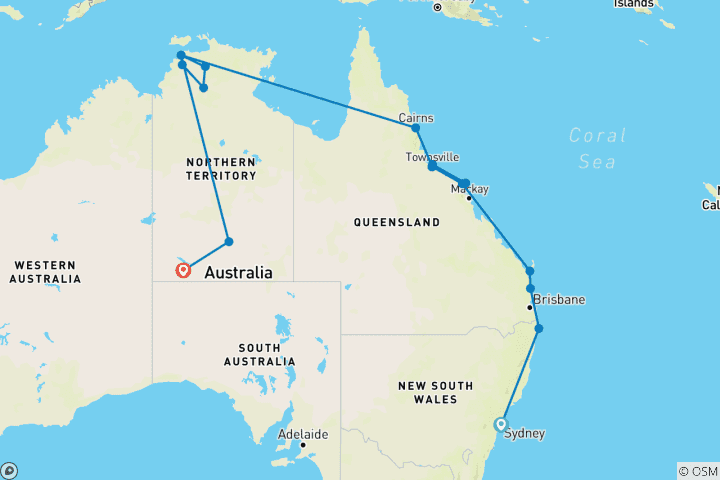 Map of Ultimate Australia (With Kakadu Dreaming And Sailing, 25 Days) (from Sydney to Uluru)